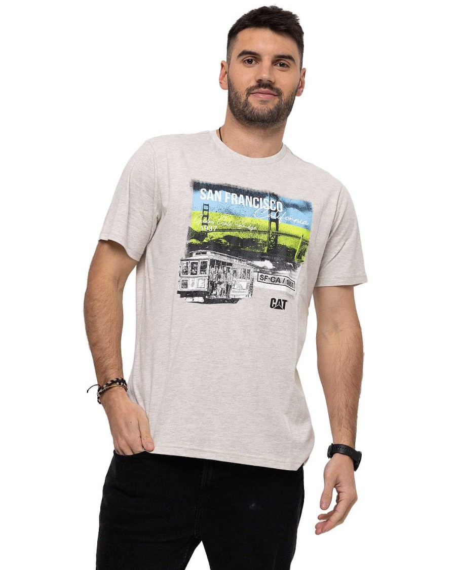 MEN Rockford T-shirts | Men's Casual Short Sleeve T-Shirt We Built The Streets Graphic Tee 11 White Cat Cream Heather