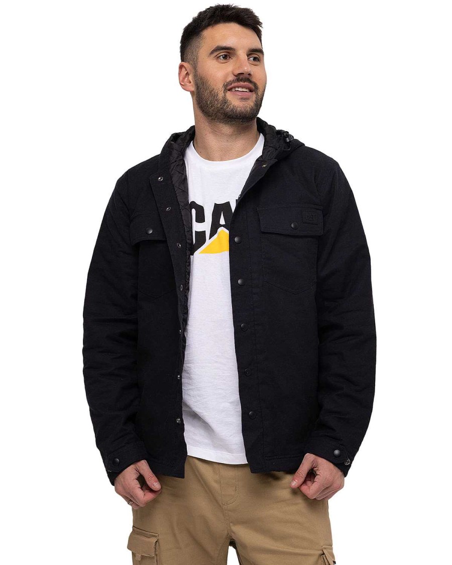 MEN Rockford Jackets and Parkas | Men's Casual Jacket Flannel Snap Front Lightweight Insulated Hooded Jacket Black Cat Pitch Black