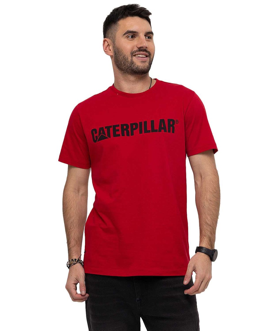 MEN Rockford T-shirts | Men's Casual Short Sleeve T-Shirt Original Fit Caterpillar Logo Tee Red Cat Haute Red