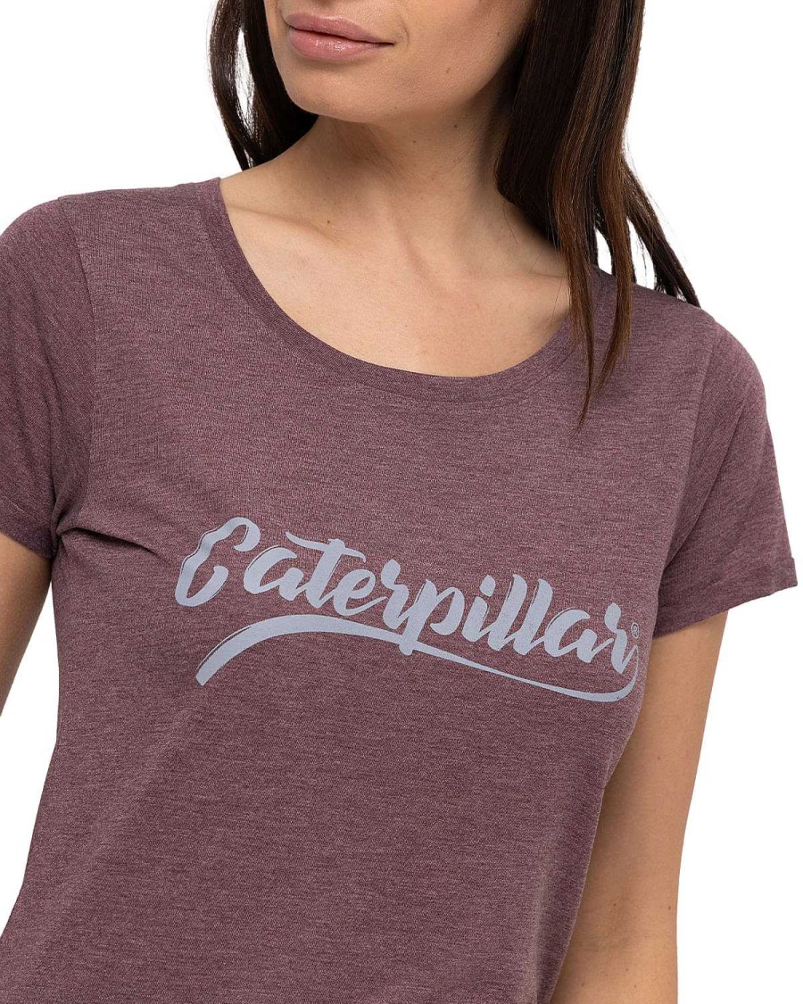 WOMEN Rockford T-shirts | Women's Casual Short Sleeve T-shirt W Caterpillar Script Tee Red Cat Carmenere Heather