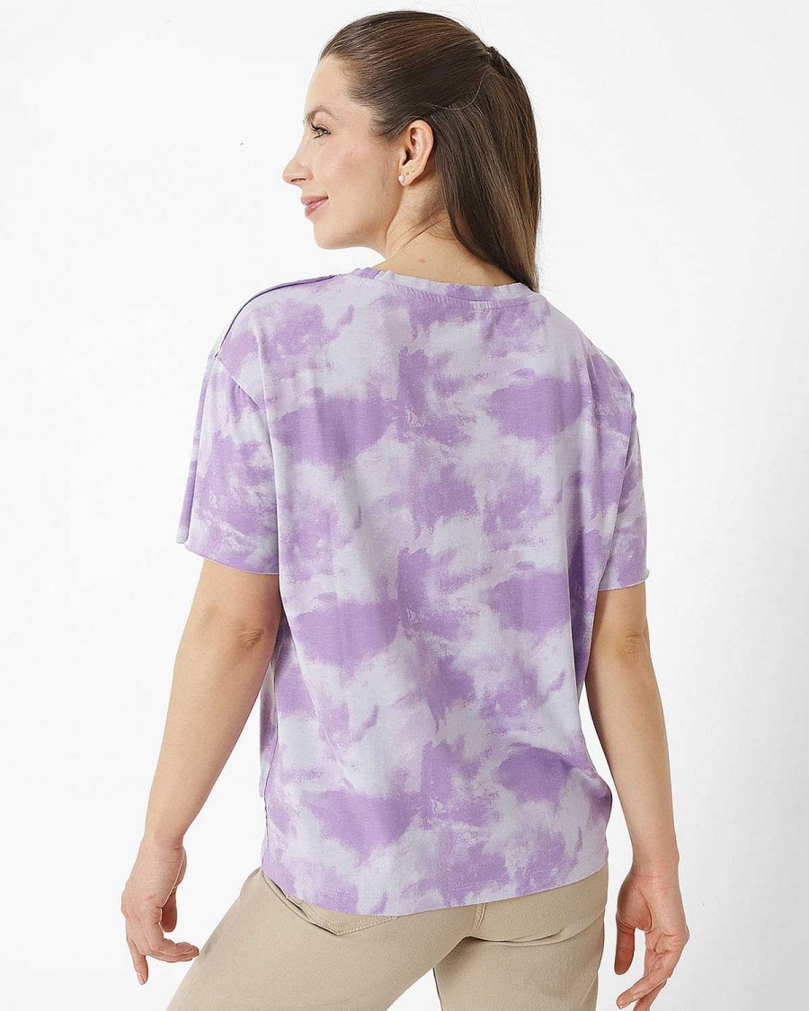 WOMEN Rockford T-shirts | Women's Casual Short Sleeve T-shirt W EZ Tie Dye Tee Purple Cat Purple Rose