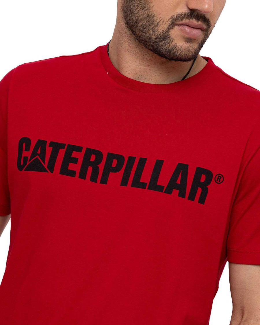 MEN Rockford T-shirts | Men's Casual Short Sleeve T-Shirt Original Fit Caterpillar Logo Tee Red Cat Haute Red