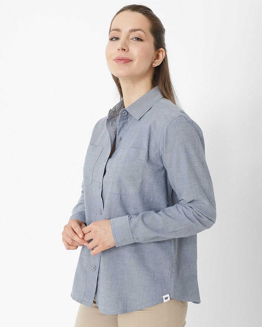 WOMEN Rockford Blouses | Women's Casual Long Sleeve Blouse Chambray Relaxed L/S Shirt 0 Cat Blue Chambray