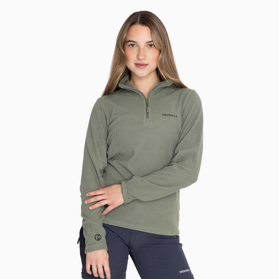 WOMEN Rockford Polerones | Women's Poleron Embossed Half Zipper Sweatshirt Moss Green Merrell New Green