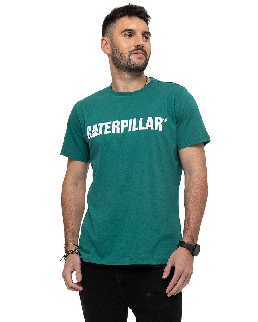 MEN Rockford T-shirts | Men's Casual Short Sleeve T-Shirt Original Fit Caterpillar Logo Tee Green Cat Alpine Green/White