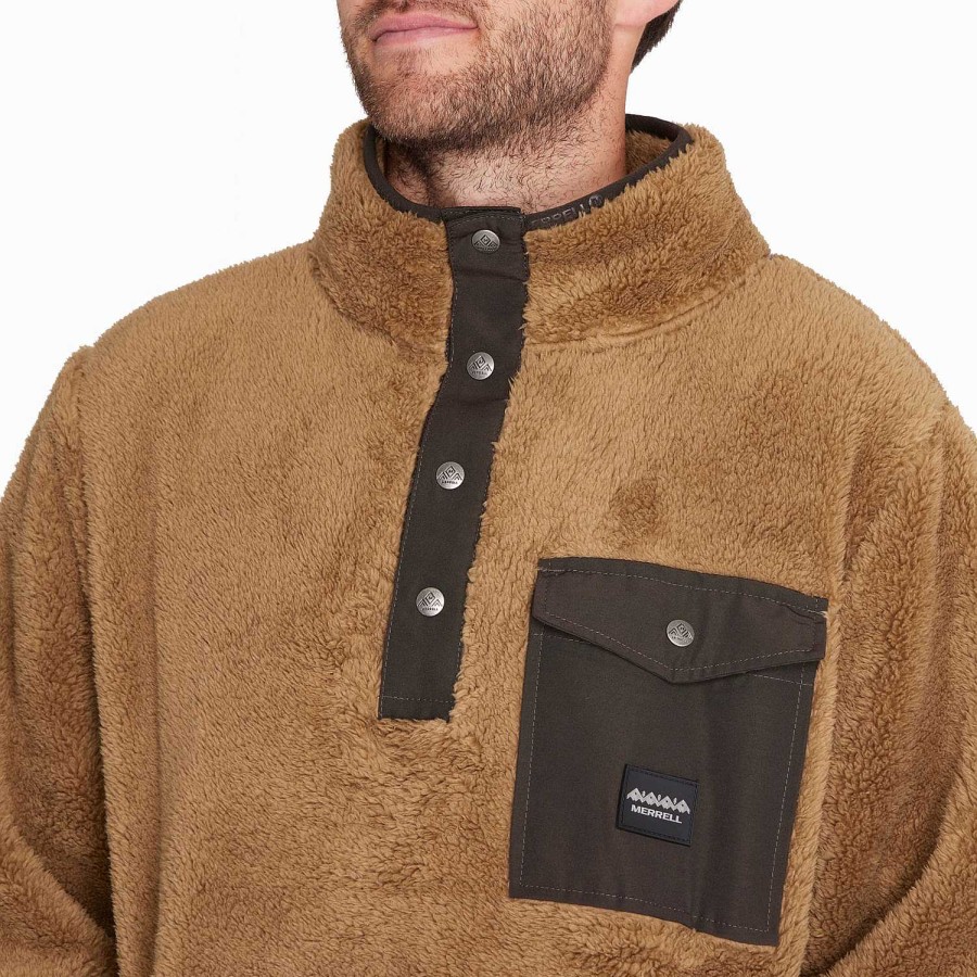 MEN Rockford Fleece and Softshells | Men's Fleece Shaggy Half Snap Button Light Brown Merrell elmwood