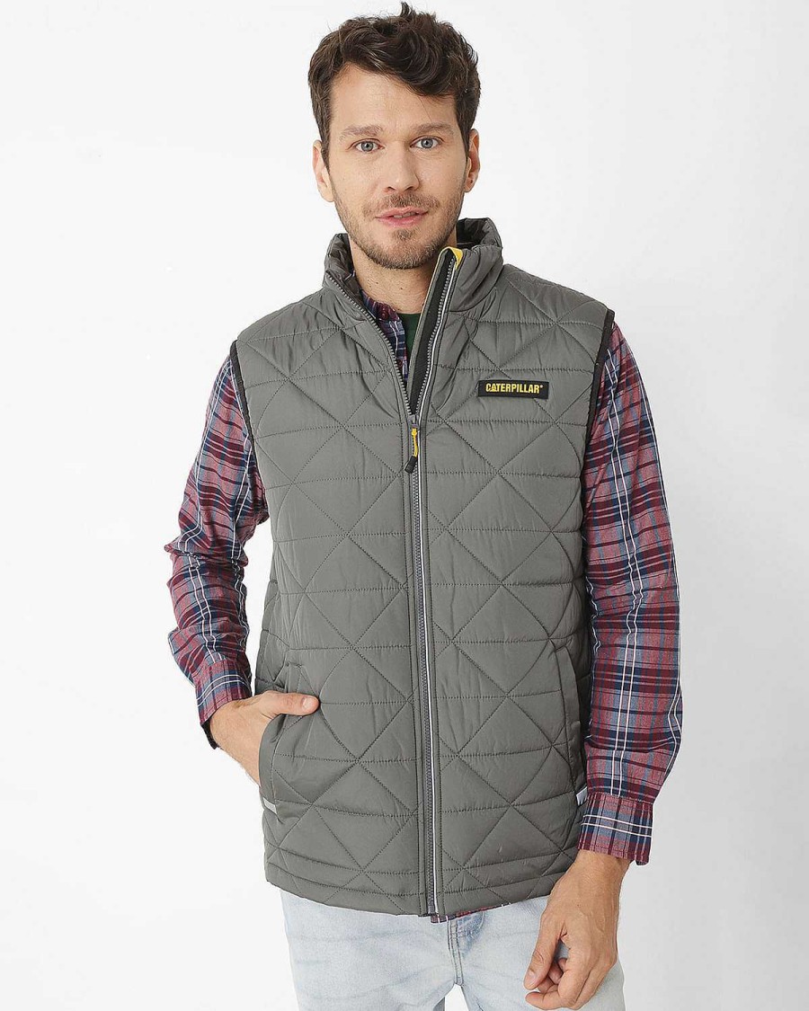 MEN Rockford Jackets and Parkas | Men's Casual Sleeveless Jacket Mediumweight Insulated Triangle Quilted Vest Gray Cat Gunmetal