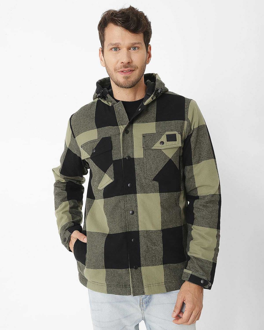 MEN Rockford Jackets and Parkas | Men's Casual Jacket Flannel Snap Front Lightweight Insulated Hooded Jacket Green Cat Marshland-Pitch Blac