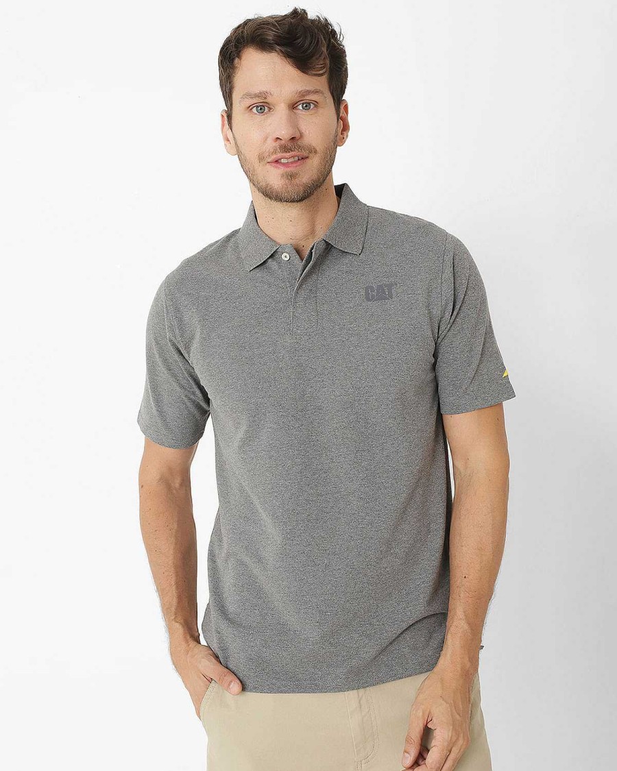 MEN Rockford T-shirts | Men's Casual Polo Shirt Cat Logo Pique Polo Gray Cat Dark Heather Gray