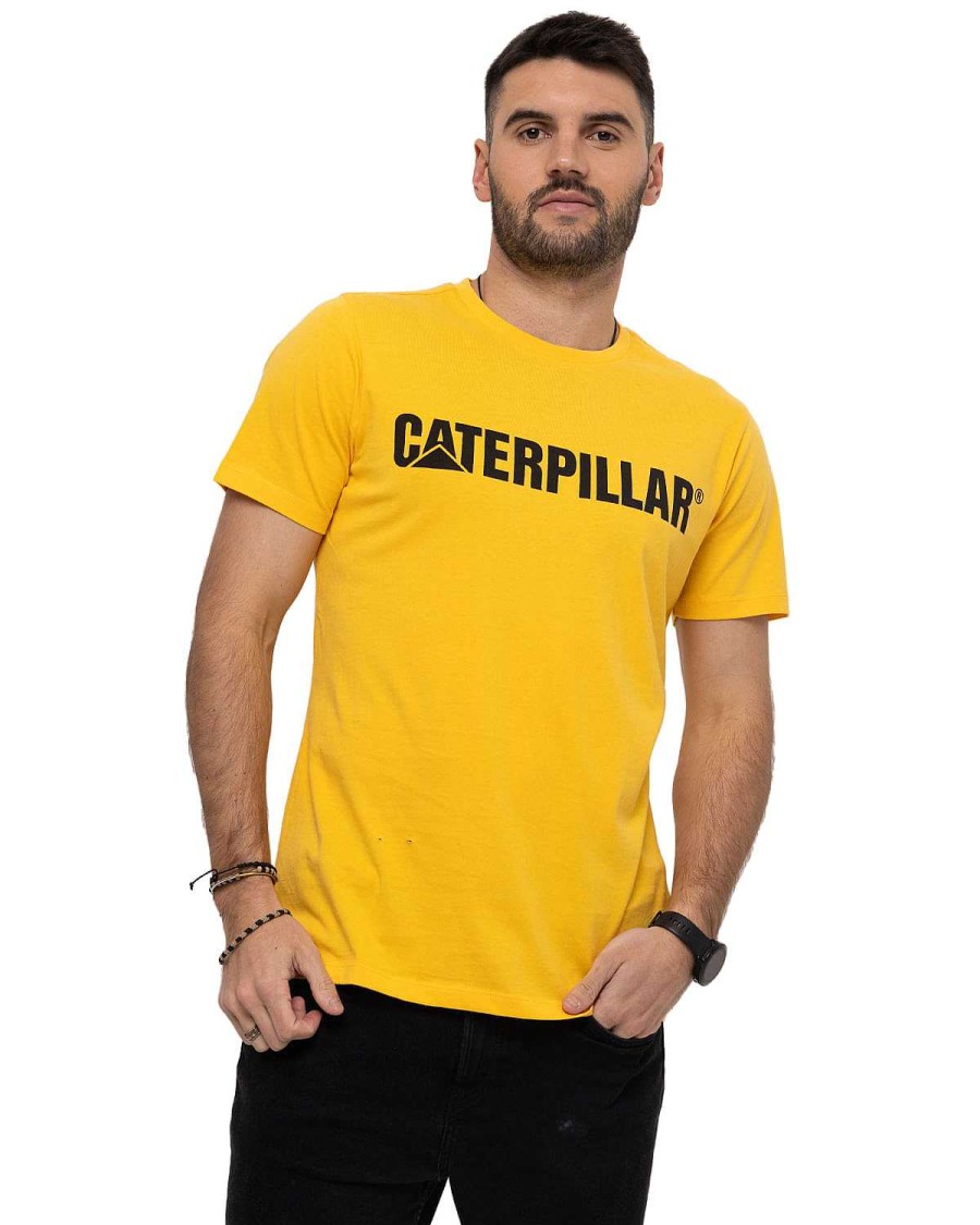 MEN Rockford T-shirts | Men's Casual Short Sleeve T-Shirt Original Fit Caterpillar Logo Tee Yellow Cat Yellow Black