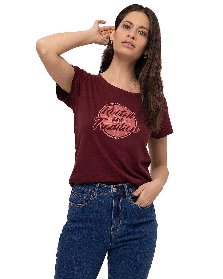 WOMEN Rockford T-shirts | Women's Casual Short Sleeve T-shirt Rooted In Tradition Tee Red Cat Carmenere