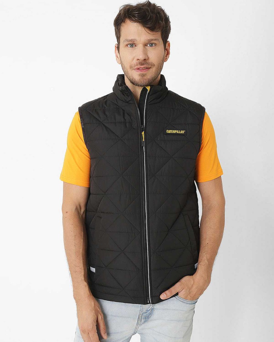 MEN Rockford Jackets and Parkas | Men's Casual Sleeveless Jacket Mediumweight Insulated Triangle Quilted Vest Black Cat Pitch Black