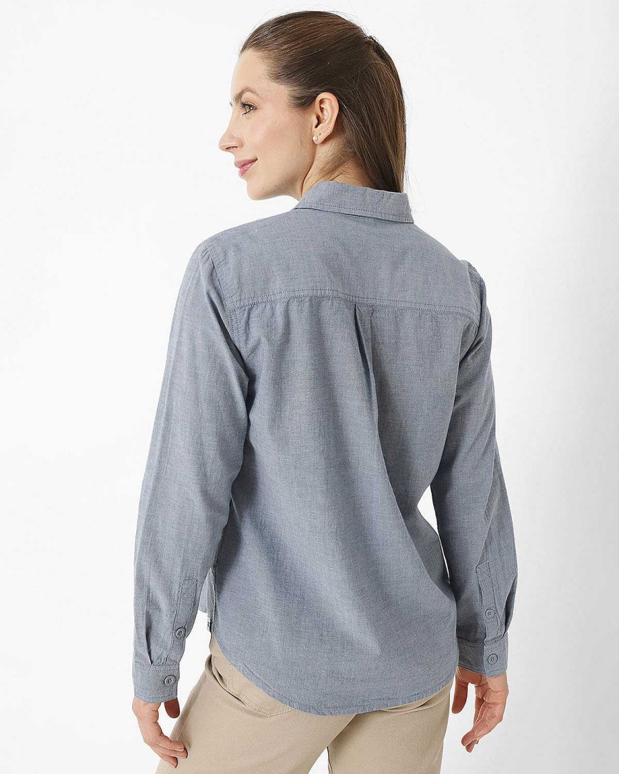 WOMEN Rockford Blouses | Women's Casual Long Sleeve Blouse Chambray Relaxed L/S Shirt 0 Cat Blue Chambray