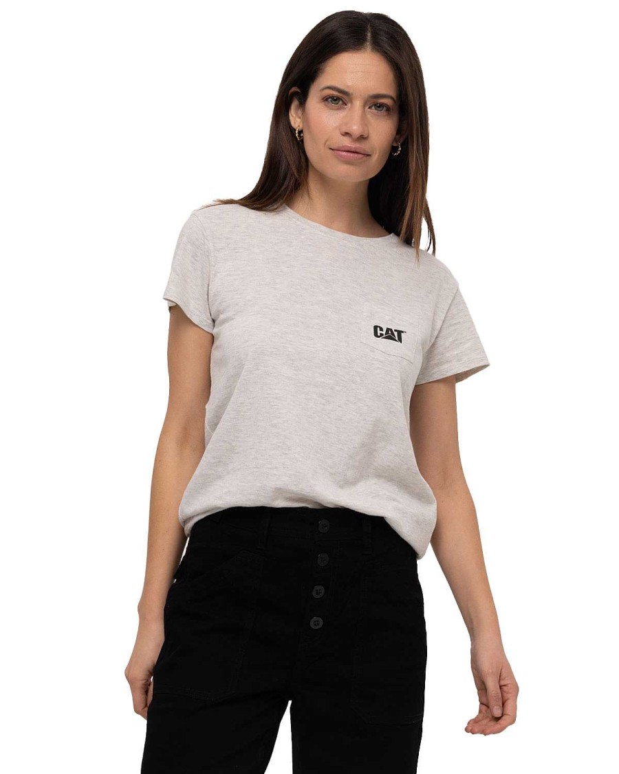 WOMEN Rockford T-shirts | Women's Casual Short Sleeve T-shirt W Cat Logo Pocket Tee Black Cat Cream Heather