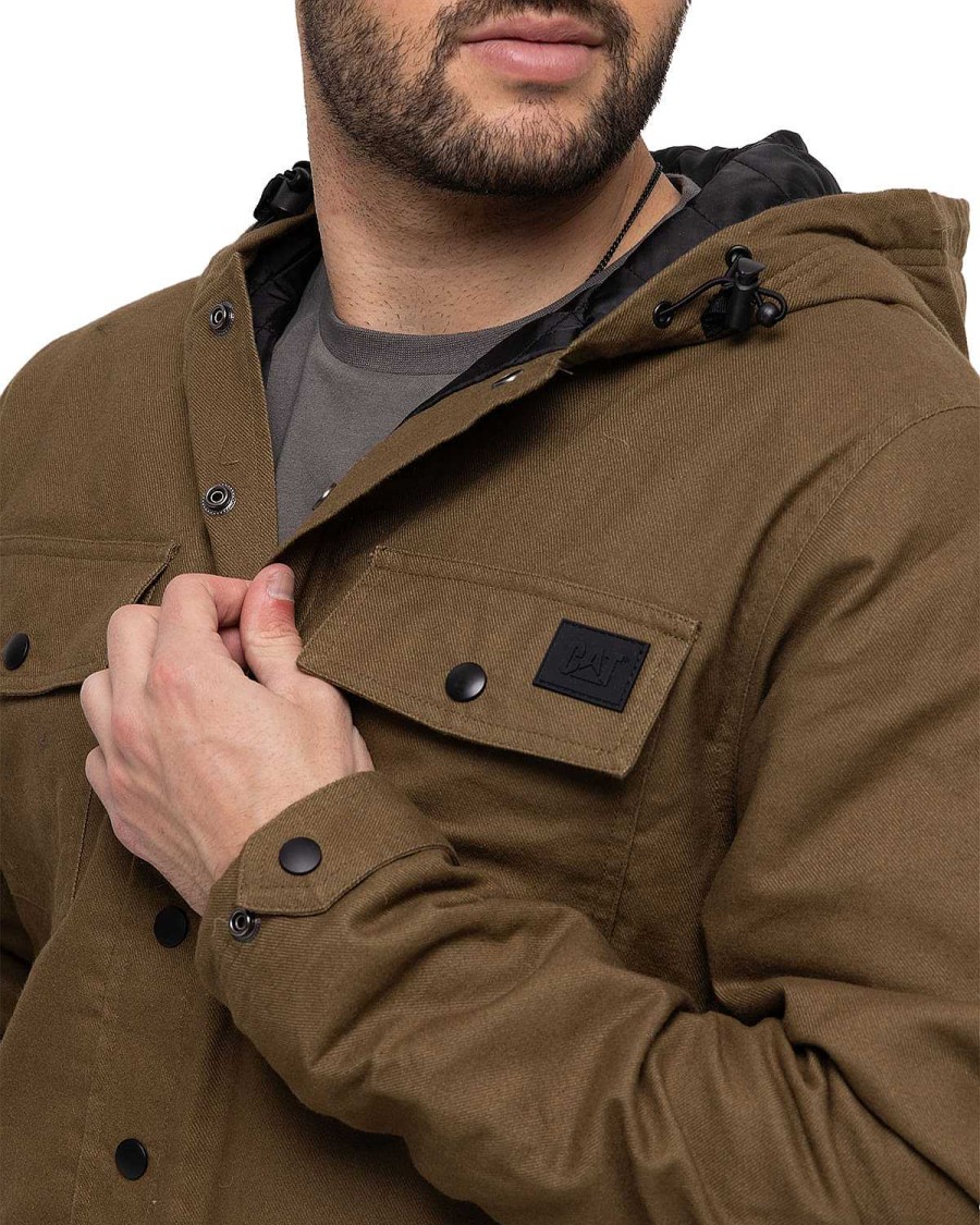 MEN Rockford Jackets and Parkas | Men's Casual Jacket Flannel Snap Front Lightweight Insulated Hooded Jacket Green Cat Military Olive