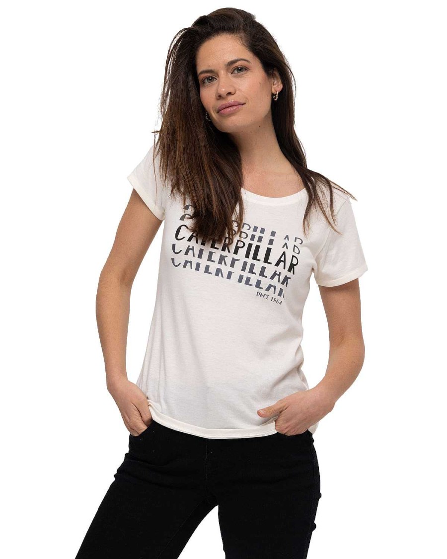 WOMEN Rockford T-shirts | Women's Casual Short Sleeve T-shirt W Caterpillar Repeat Tee White Cat bone