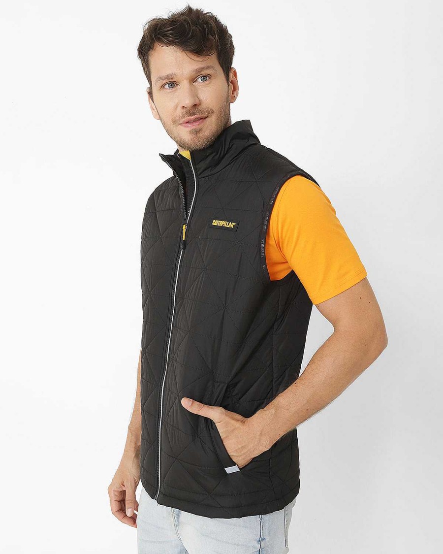 MEN Rockford Jackets and Parkas | Men's Casual Sleeveless Jacket Mediumweight Insulated Triangle Quilted Vest Black Cat Pitch Black