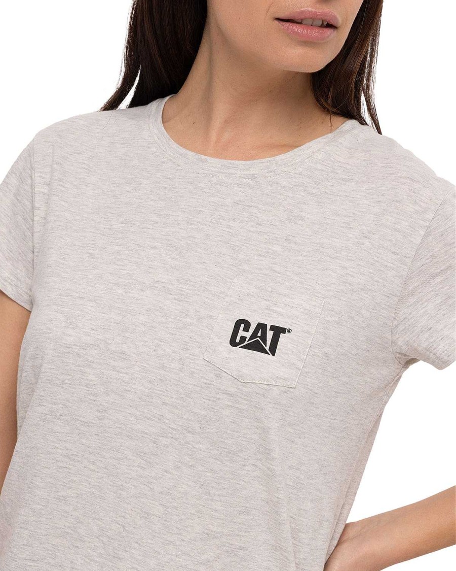 WOMEN Rockford T-shirts | Women's Casual Short Sleeve T-shirt W Cat Logo Pocket Tee Black Cat Cream Heather