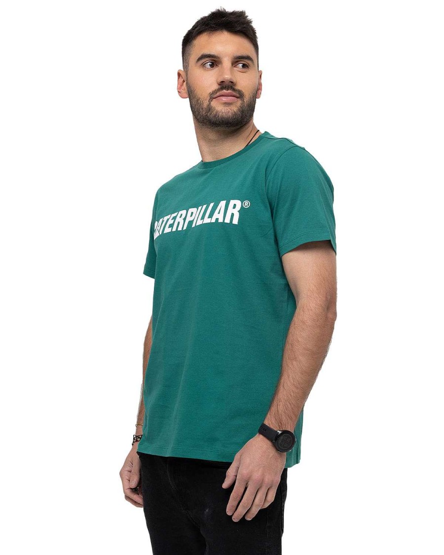 MEN Rockford T-shirts | Men's Casual Short Sleeve T-Shirt Original Fit Caterpillar Logo Tee Green Cat Alpine Green/White